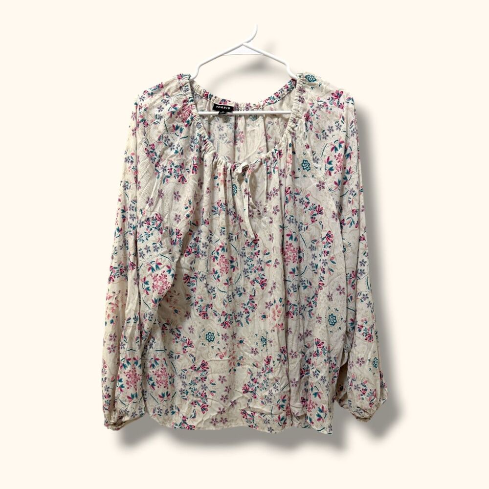 Torrid Blouse Womens 0 Floral Peasant Tie Neck Long Sleeve Lightweight Top